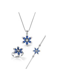 Resim 925 Ayar Safir Taşlı Rodyum Lotus Çiçeği 3'lü Gümüş Set Gümüş 