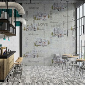 Resim Cafe Harfli Şehirli Krem 16 M2 Duvar Kağıdı 10362-1 Çok Renkli 