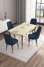 Resim Canisa Are Serisi 80x132 Mdf Açılabilir Krem Mutfak Masası Ve Gold Halka 4 Lacivert Sandalye 