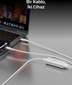 Resim Belkin BoostCharge Pro 2'si 1 Arada 140 W USB-C- USB-C Örgülü Çift Şarj Kablosu 1.5M Beyaz 