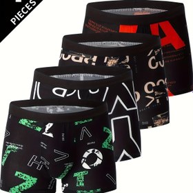 Resim 4'lü Erkek Boxer Briefs - Polyester Konfor Esnek Underwear ile Geometrik Desen, Kazaçık Kumaş Kısa Çoraplar ile Elastan Esneklik için - Soluklu ve Yumuşak Atletik Uygunluk 