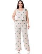 Resim Büyük Beden Kalın Askılı Fermuarlı Beli Lastikli Yeşil Çiçekli Kadın Tulum 