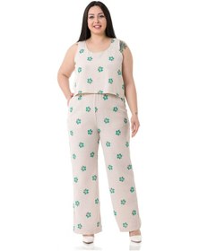 Resim Büyük Beden Kalın Askılı Fermuarlı Beli Lastikli Yeşil Çiçekli Kadın Tulum 