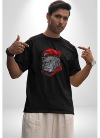 Resim Kırmızı Şapka Maymun Pamuklu Bisiklet Yaka Unisex Oversize Boyfriend Dijital Baskılı Siyah T-shirt Siyah 