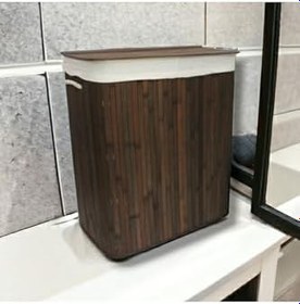 Resim Bambu Kirli Çamaşir Sepeti Iki Bölmeli, Koyu Kahverengi 