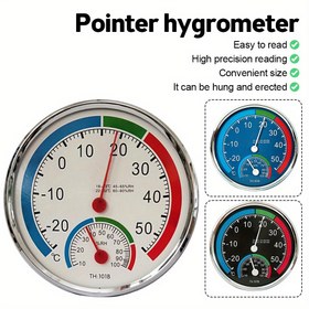 Resim Kompakt Analog Termometre ve Higrometre -30℃ ila 50℃ Sıcaklık Aralığı, %20-%100 Nem Ölçer, Renkli Göstergeler ile Kolay Okunur Yuvarlak Kadran, İç/Dış Mekan Kullanımı için Duvara veya Raf Montajlı 