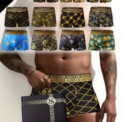 Resim Çeşitli 1/5 Siyah Ve Altın Hediye Kutuları, Yazlık Hafif Rahat Nefes Alabilen Çabuk Kuruyan Kumaşları Sergileyen, Siyah Ve Altın Leopar Gökkuşağı Zincir Desenleriyle Süslenmiş, Erkek Boxer Külotları. 