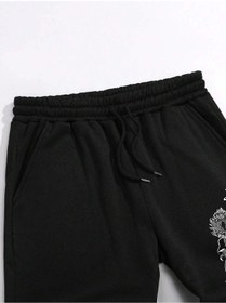 Resim Letter & Fire Print Drawstring Waist Eşofman Altı Siyah 