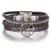 Resim Vintage Boho Tarzı Çok Katmanlı Suni Deri Bileklik, Alaşım Yaşam Ağacı Simgesi ve Yapay Elmaslarla, Günlük Kullanım veya Doğum Günleri veya Arkadaşlık İçin Hediye Olarak İdeal - 1 Paket 