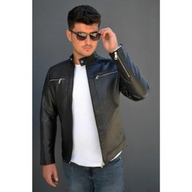 Resim Prifaldi Dik Yaka Deri Ceket Siyah XL Slim Fit Tasarım Kış Ayları İçin Uygun 