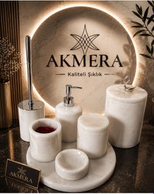 Resim Akmera Elite 7 Parça %100 Gerçek Mermer Banyo Seti Beyaz - Gümüş 