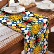 Resim 1 adet İtalyan Chic Stil Masa Koşusu, Gülmeyen Güneş ve Limon Tasarımı ile - Yıkanabilir Polyester, Canlı Kırmızı Checkered Arka Plan, Sarı Güneş ve Sarı Limonlar, İç/Dış Mekan Yemek Masaları, Mutfak Dekoru ve Festivite Mükemmel, Festivite Masa Dekoru | Checkered Desen | Dokuma Tekstür 