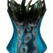 Resim Kadınlar İçin Şık Tavuskuşu Üstü Korse Üst - Vintage Tarzı Detaylı Bağcıklı Büstiyer, Derin Mavi Saten & Polyester, Burlesk Halloween Kostümü, Esnemez Kumaş 