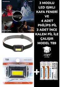 Resim 3 Modlu Led Işıklı Kafa Feneri Ve 4 Adet Philips Pil 3 Adet İnce Kalem Pil İle Çalışır Model T89 Çok Renkli 