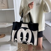 Resim Kadınlar için Mickey Mouse Kanvas Çanta - Büyük Kapasiteli, Vintage Moda Omuz Çantası Fermuarlı Kapatma ile, Beyaz Siyah Detaylı, Omuz Çantası 