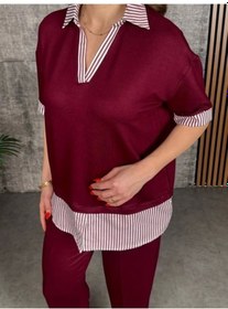 Resim Defymoda Kadın Modal Kumaş Çizgili Gömlek Yaka Ikili Takım Kırmızı 