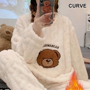 Resim Sevimli Ayı Nakışlı, Uzun Kollu & Flanel Pantolonlu Rahat Büyük Beden Kadın Pijama Takımı, Sıcak Kışlık Uyku Giysisi 