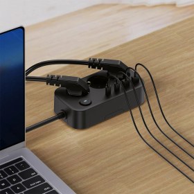 Resim 3’lü Akım Korumalı Priz | 2 USB + 2 Type-C Girişli | Anahtarlı ve Duvara Monte Edilebilir Uzatma Kablosu - Siyah 