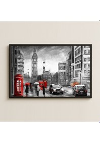 Resim Londra Şehir Yağmuru Temalı Kırmızı Detaylı Pleksi Tablo 