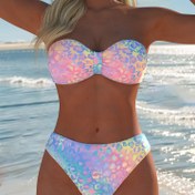Resim 2025SS Yaz Trend Kadın İki Parça Bikini Seti, Moda Renkli Leopar Baskılı Gradyan Baskı, Straplez Tüp Üst, Plaj Giyimine Uygun Tatil için Hızlı Kuruyan Kumaş 