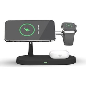 Resim T268 5'i 1 Arada 15w İphone Uyumlu 12 Serisi Ve Watch'lar Ve Airpods Uyumlu 1/2 / Pro İçin Çok Fonksiyonlu Manyetik Kablosuz Şarj Cihazı, Led Işıklı Siyah 