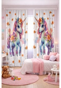 Resim Kız Çocuk Odası Çift Kanatlı Fon Perde Çiçekli Unicorn Desenli 
