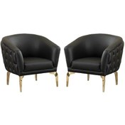 Resim 2 Kişilik Siyah Deri Gold Ayaklı Deri Ofis Koltuk Takımı Berjer 2'li Siyah 