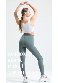 Resim Haki Yüksek Bel Fitilli Toparlayıcı İnterlok Örme Şardonlu Spor Kışlık Tayt Haki 