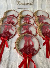 Resim Kınasepeti 1 Adet Hasır Kenarlı Zilli Nedime Defi Seti, Kırmızı Boncuklu ve Kurdeleli Kına Gecesi Tefi 