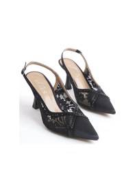Resim Feles Saten Dantel Taş Detaylı Arkası Açık Stiletto Kadın Topuklu Ayakkabı Siyah 