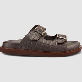 Resim %100 Hakiki Deri Croco Desen Kahverengi Erkek Terlik Kahverengi 
