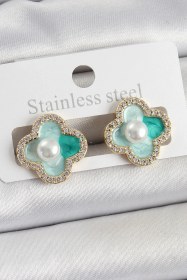Resim Tua Moda Pirinç Yeşil Mineli İnci Detaylı Zirkon Taşlı Sanatsal Portre Yonca Model Gold Renk Kadın Küpe Çok Renkli 