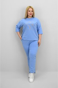 Resim Koza Butik Kadın Büyük Beden Kısa Kollu Çiçek İşlemeli Eşofman Takımı 8199-25 