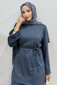 Resim Tesettür Diyarı Modal Kumaş Kuşaklı Tesettür Tunik- Füme Standart (38-44 Uyumlu) 