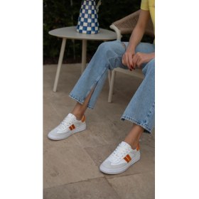 Resim Ece'nin Butiği Wear Beyaz-Turuncu Hakiki Deri Kadın Spor Ayakkabi 