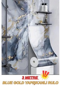 Resim 60cm X 3 Metre Tek Parça Yapışkanlı Mavi Gold Mermer Desenli Duvar Paneli Kağıdı Silinebilir Tx-6969 Altın - Turkuaz 