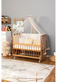 Resim Ahşap Beşik Anne Yanı Beşik Vernikli 60x120 - Krem Nakış Yazısız Uyku Seti + Yatak + Tekerlekli Ahşap 