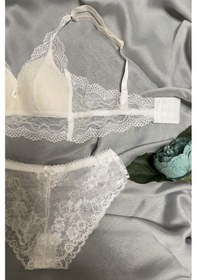 Resim Kadın Üçgen Dantel Bralet Desteksiz Sütyen Takım Ekru 