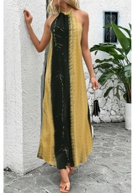 Resim Fashion Cocktail Full Sırt Dekolteli Blok Desenli Halter Yaka Şifon İki Renk Geçişli Yazlık Uzun Çizgi Efektli Elbise Sarı 