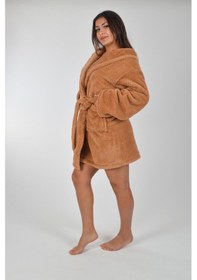 Resim Kapşonlu Unisex Wellsoft Peluş Bornozl-- L - XL-KAHVERENGİ-SABAHLIK 