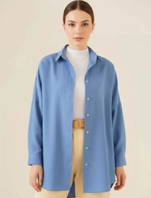 Resim MORADO SE SIENTE PERFECTO Kadın Oversize Basic Pamuklu İndigo Tesettür Gömlek 