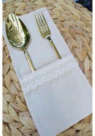 Resim 6 Adet Keten Beyaz Dantelli Kaşıklık Servis Sunum 