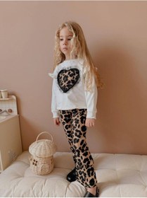 Resim Miniko Kids Kız Çocuk Kalp Modelli Tül Detaylı Leopar İspanyol Paça Taytlı Takım Ekru 