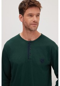 Resim Tudors Erkek Standart Fit Normal Kesim %100 Pamuk Bisiklet Yaka Beli Lastikli Lacivert Pijama Takımı-37945 Lacivert 
