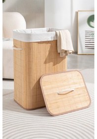 Resim İronika Bambu Kirli Çamaşır Sepeti Halatlı Bambu Çamaşır Oyuncak Sepeti Dikdörtgen Açık Kahverengi 