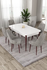 Resim Canisa Eta Serisi 80x132 Mdf Ceviz Ayaklı Beyaz Açılabilir Masa 6 Gri Sandalye Mutfak Masası Takımı 
