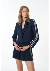 Resim Quzu Yazı Şeritli Tek Düğmeli Crop Blazer Lacivert Kadın Ceket Ckt00121 Lacivert 