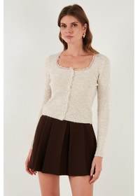 Resim Lela Premium Slim Fit Dantel Detaylı Yaka Örme Bayan Hırka 680Hi00061 Taş 