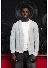 Resim Akçaylar Oversize Crop Model V Yaka Düğme Kapamalı Örgü Hırka Gri 