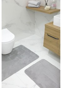 Resim 2'li Kaydırmaz Peluş Banyo Paspası Banyo Klozet Takımı Klozet Paspas Takımı - Gri 
